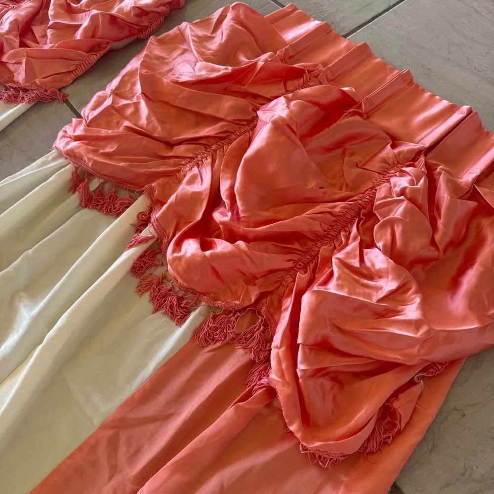 Vintage Peach Ecru Satin Embroidered Curtain Set Festoon Floral 48x95 NOS Farm‎